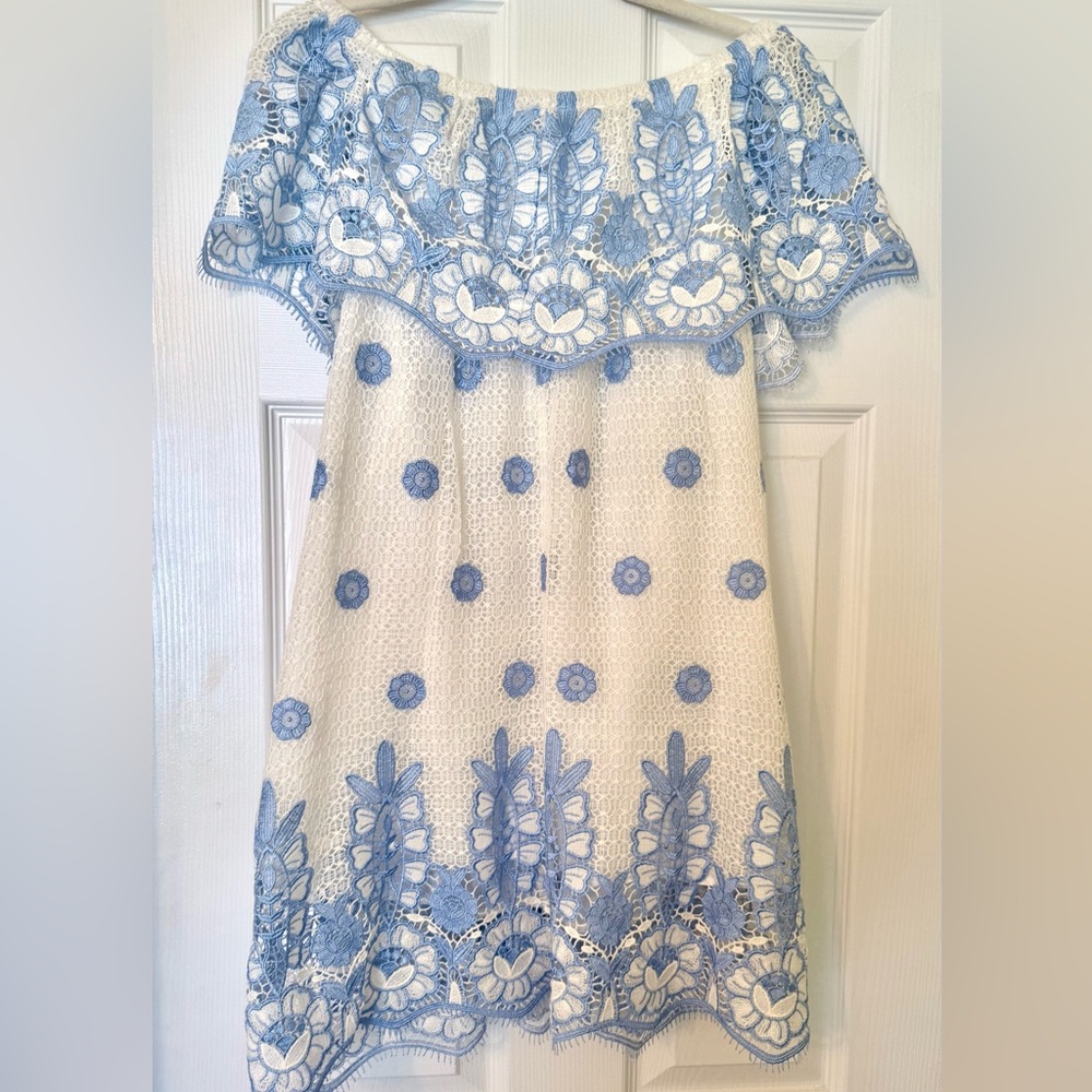 Miguelina Angelique Lace Mini Dress. Blue and White.  Size Small.